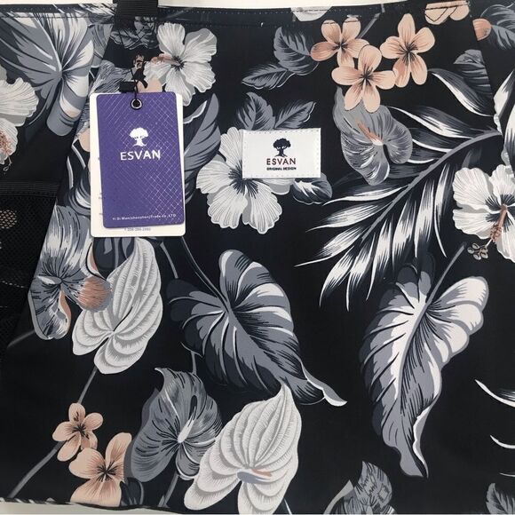 Esvan NEW Black Tropical Print Duffle Tote Beach Gym Bag - Picture 6 of 16